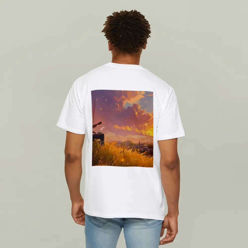 Anime Boy Playing Guitar at Sunset – T-Shirts