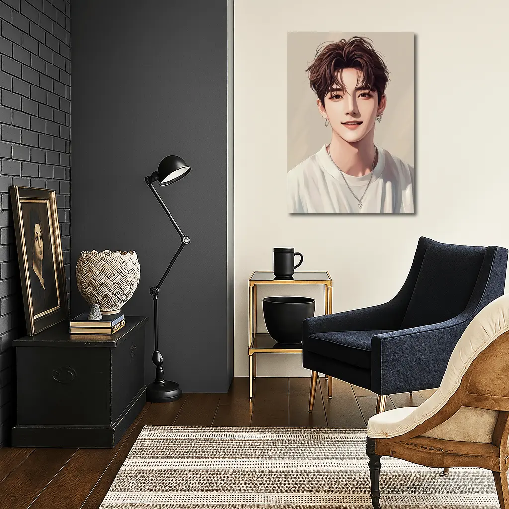 Korean Style Anime Boy Portrait Beige Background – Wall Art