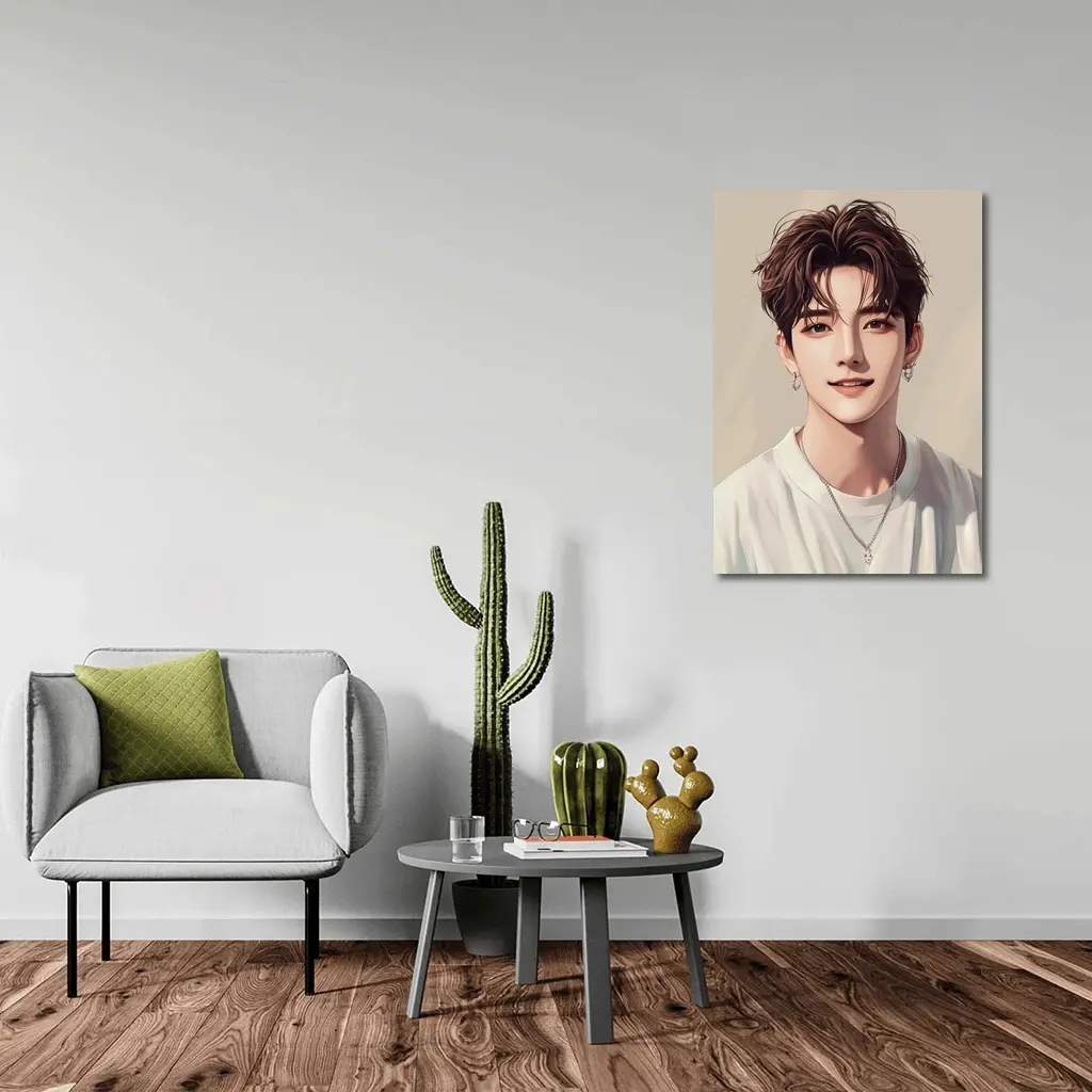 Korean Style Anime Boy Portrait Beige Background – Wall Art