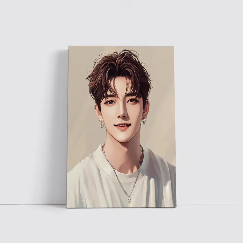 Korean Style Anime Boy Portrait Beige Background – Wall Art