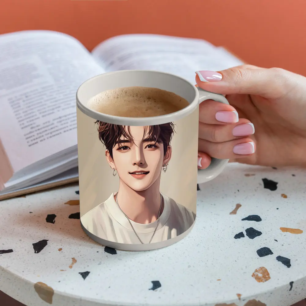 Korean Style Anime Boy Portrait Beige Background – Mugs