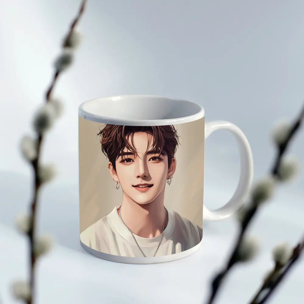 Korean Style Anime Boy Portrait Beige Background – Mugs