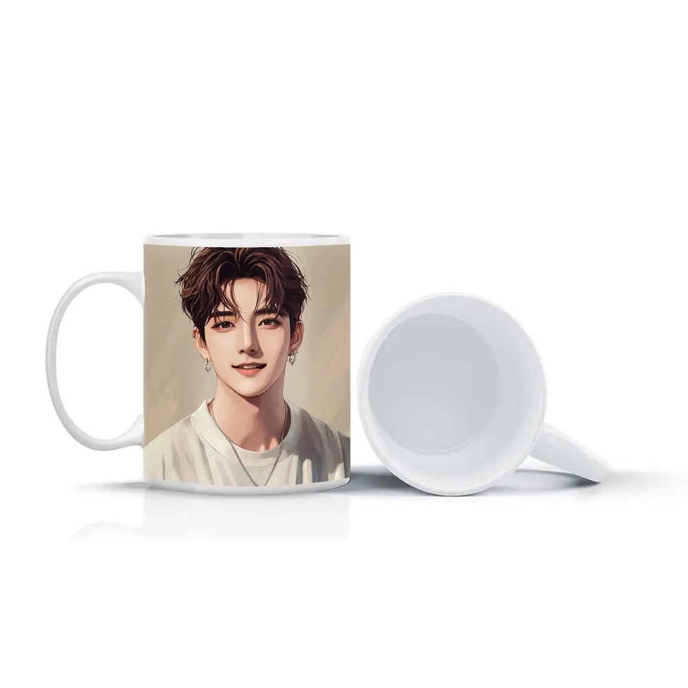 Korean Style Anime Boy Portrait Beige Background – Mugs