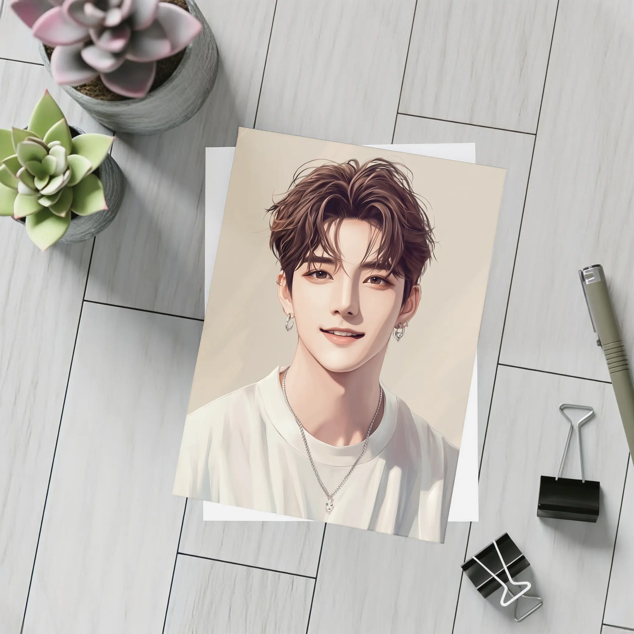 Korean Style Anime Boy Portrait Beige Background – Postcards