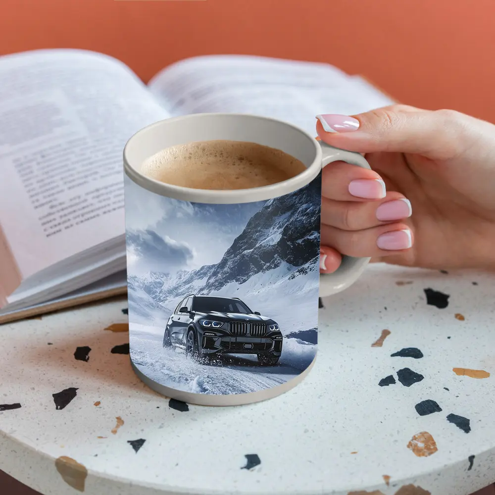 BMW X5 Driving Through Snowy Mountain Pass – Mugs