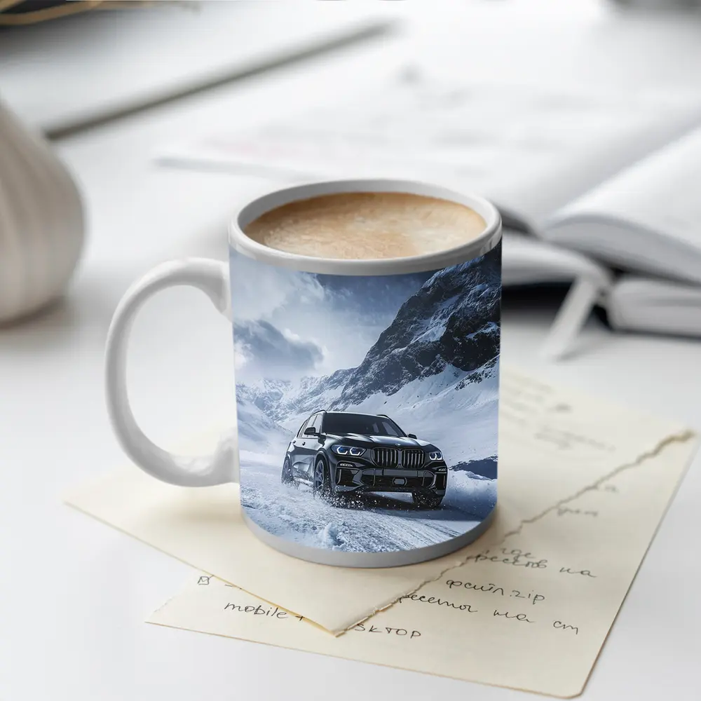 BMW X5 Driving Through Snowy Mountain Pass – Mugs