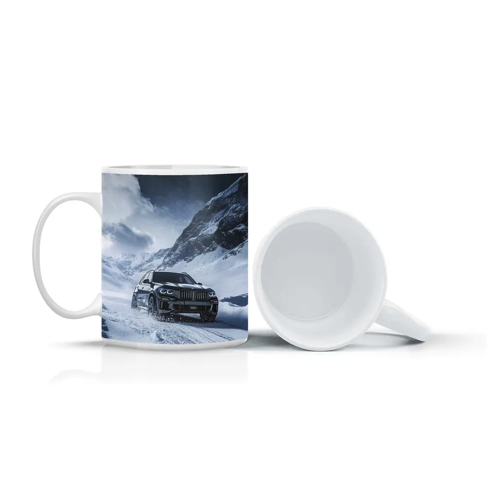 BMW X5 Driving Through Snowy Mountain Pass – Mugs