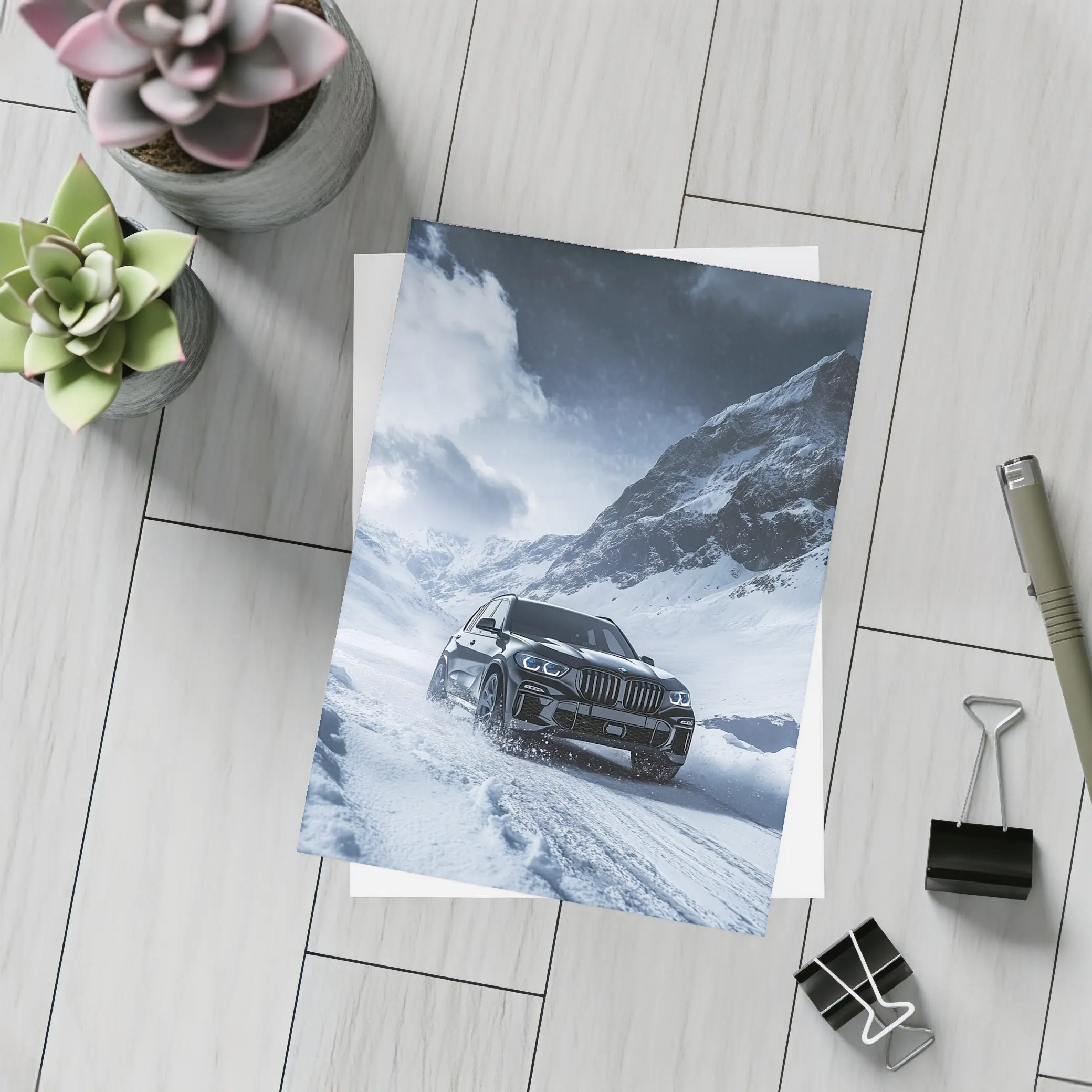 BMW X5 Driving Through Snowy Mountain Pass – Postcards