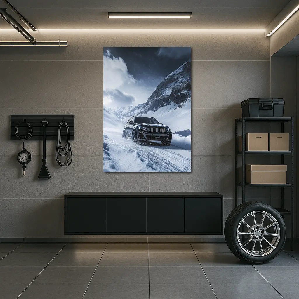 BMW X5 Driving Through Snowy Mountain Pass – Wall Art