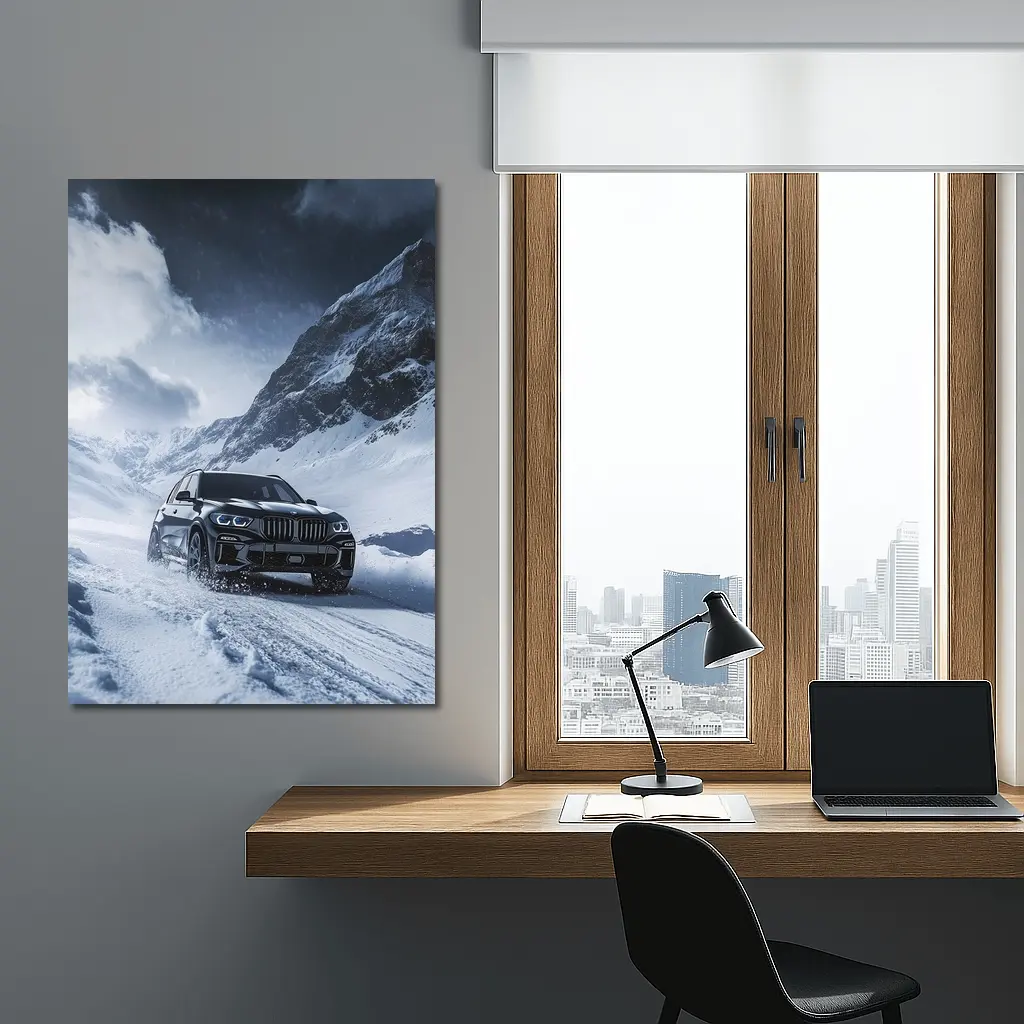 BMW X5 Driving Through Snowy Mountain Pass – Wall Art