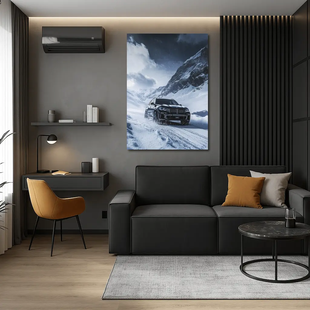BMW X5 Driving Through Snowy Mountain Pass – Wall Art