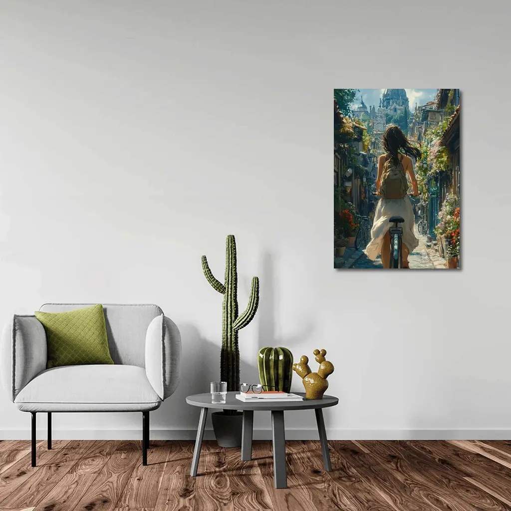 Girl Cycling Through Flower Lined European Street – Wall Art