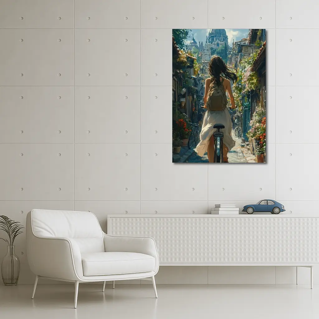 Girl Cycling Through Flower Lined European Street – Wall Art