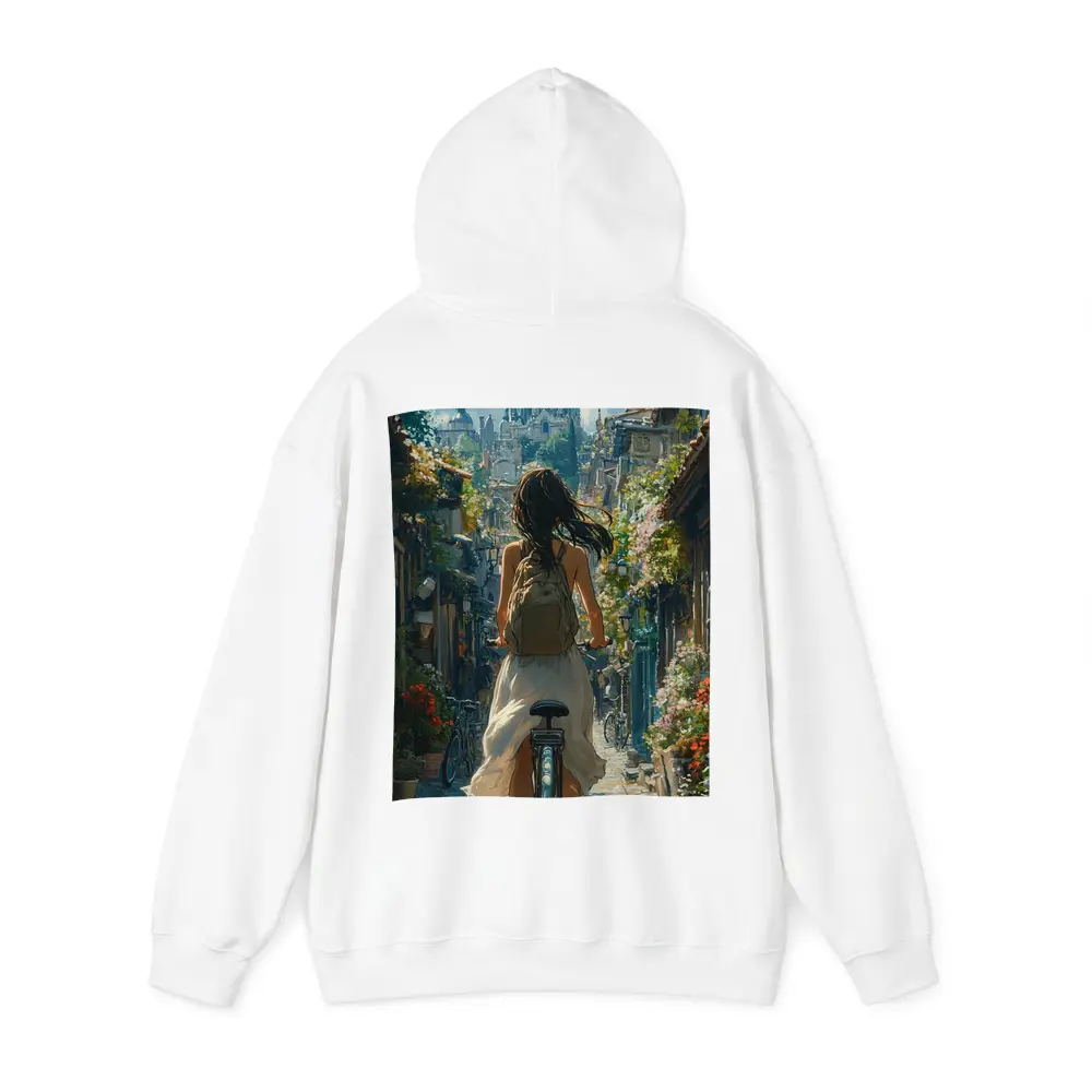 Girl Cycling Through Flower Lined European Street – Hoodies