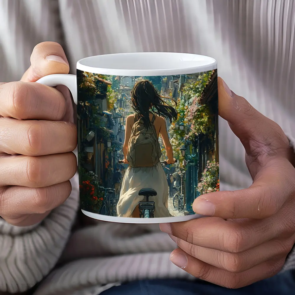 Girl Cycling Through Flower Lined European Street – Mugs