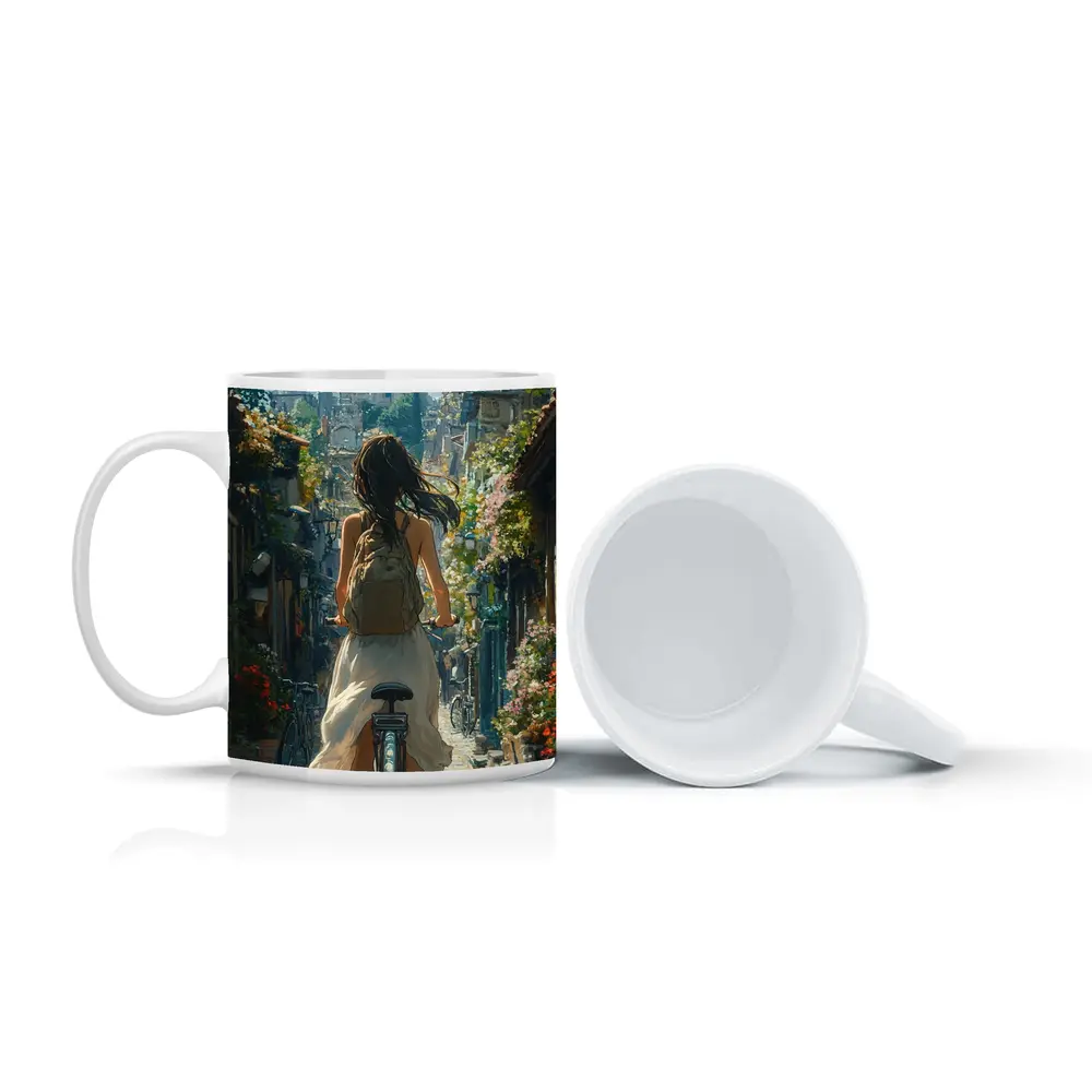 Girl Cycling Through Flower Lined European Street – Mugs