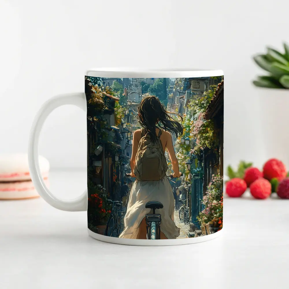 Girl Cycling Through Flower Lined European Street – Mugs