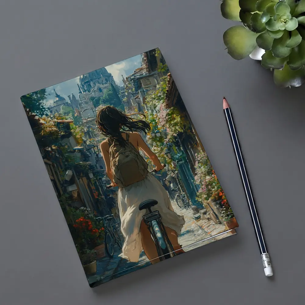 Girl Cycling Through Flower Lined European Street – Notebooks