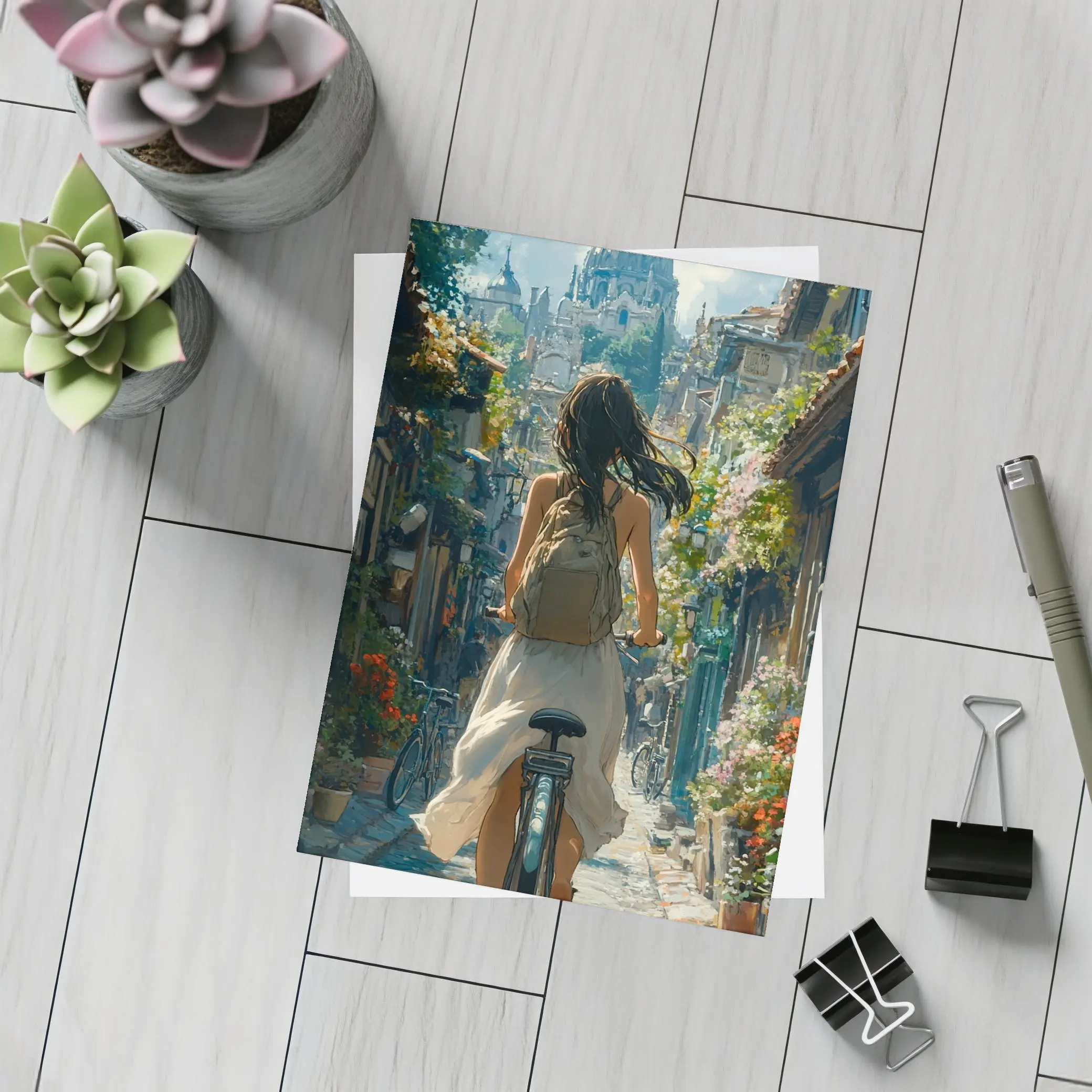Girl Cycling Through Flower Lined European Street – Postcards