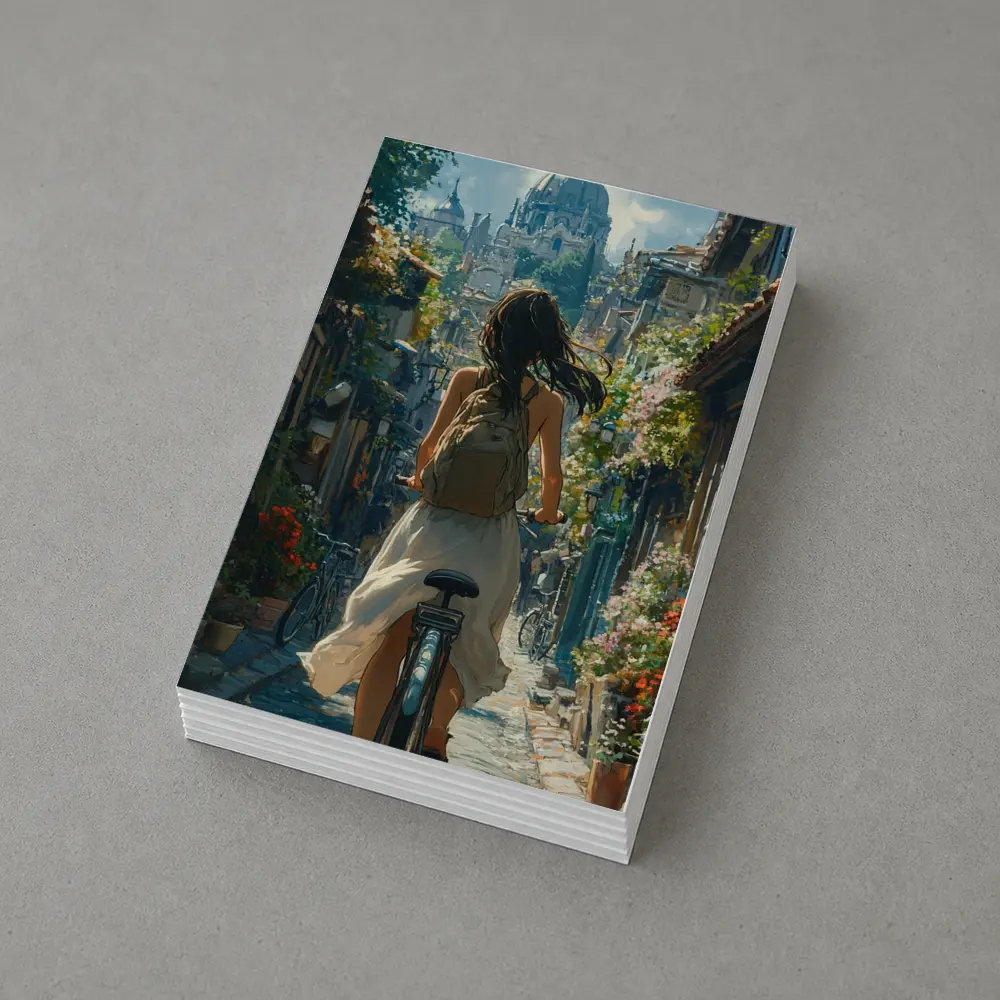 Girl Cycling Through Flower Lined European Street – Postcards