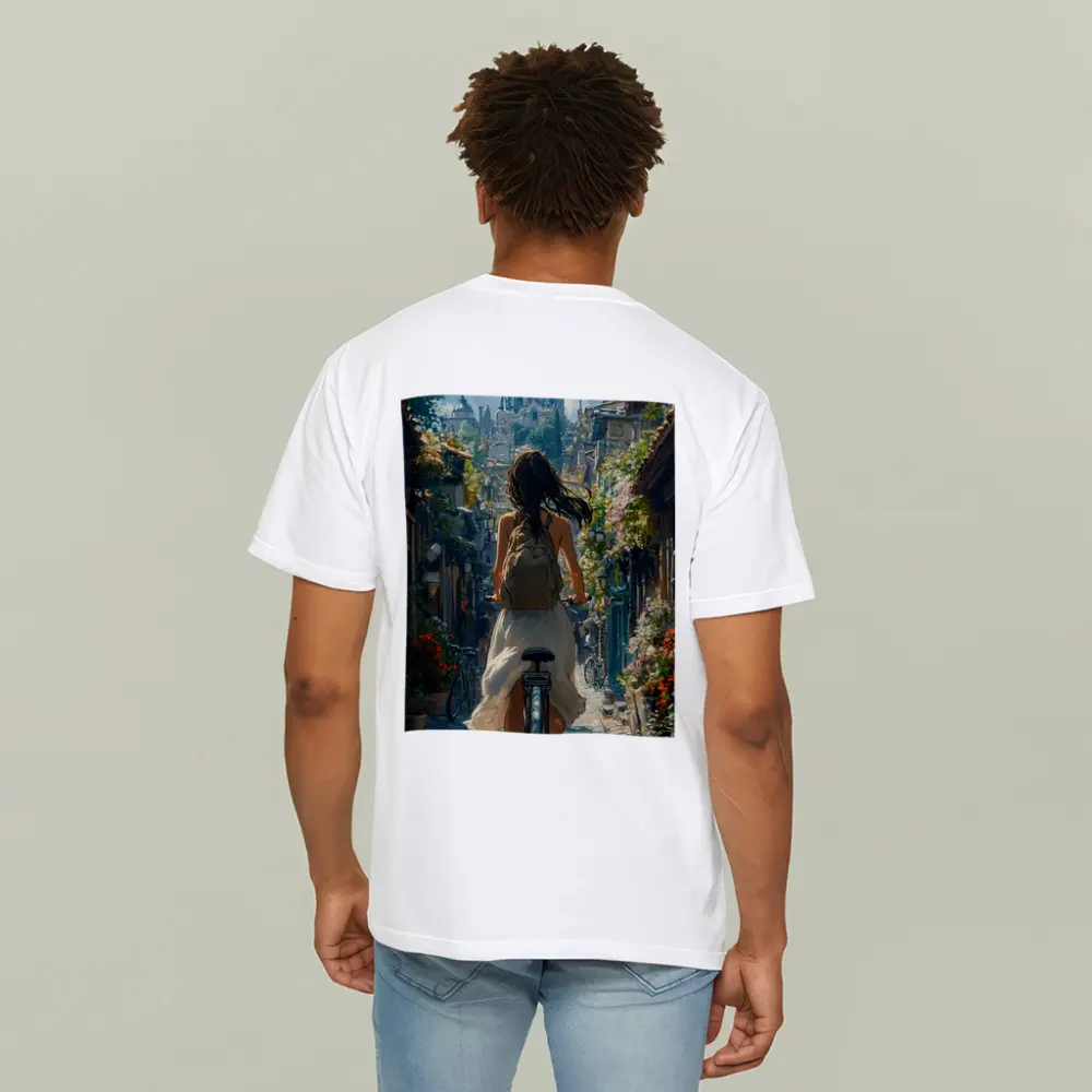 Girl Cycling Through Flower Lined European Street – T-Shirts
