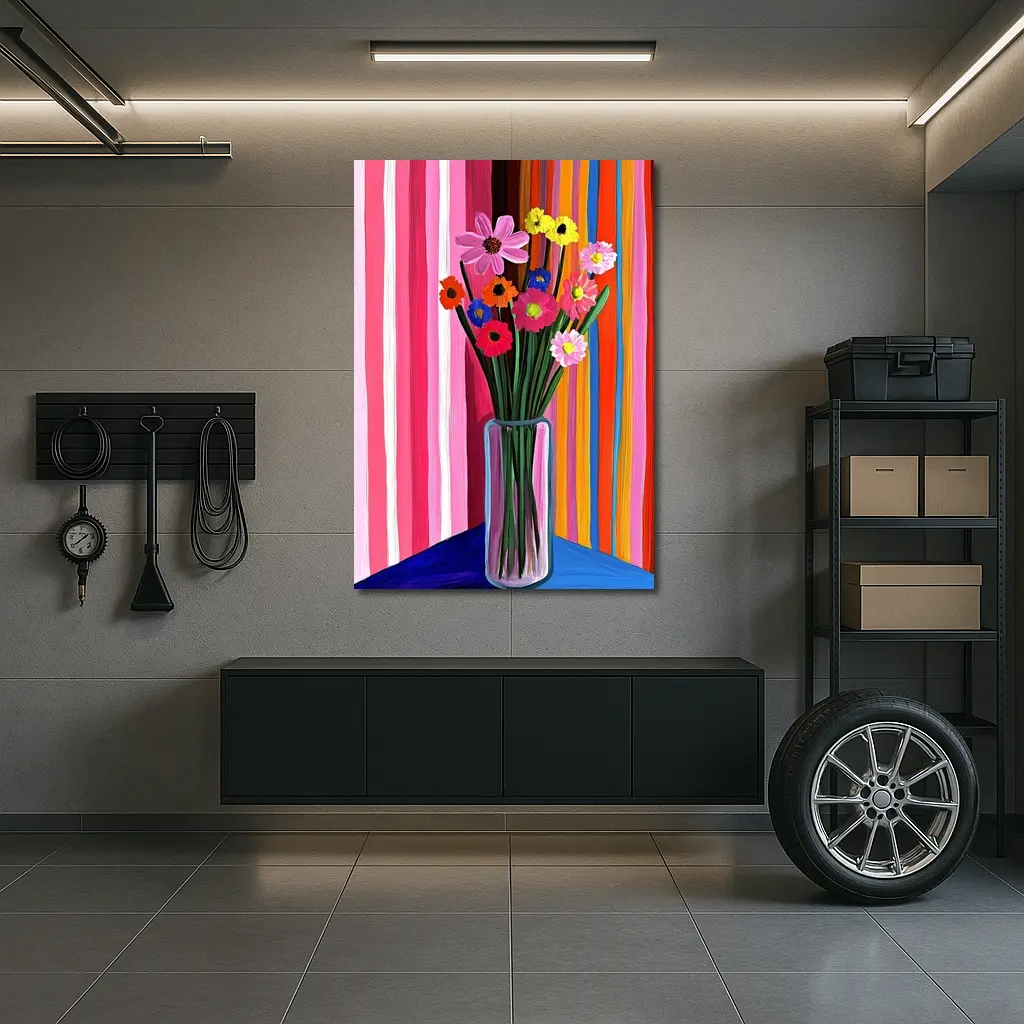 Colorful Flowers Vase Bold Striped Background – Wall Art