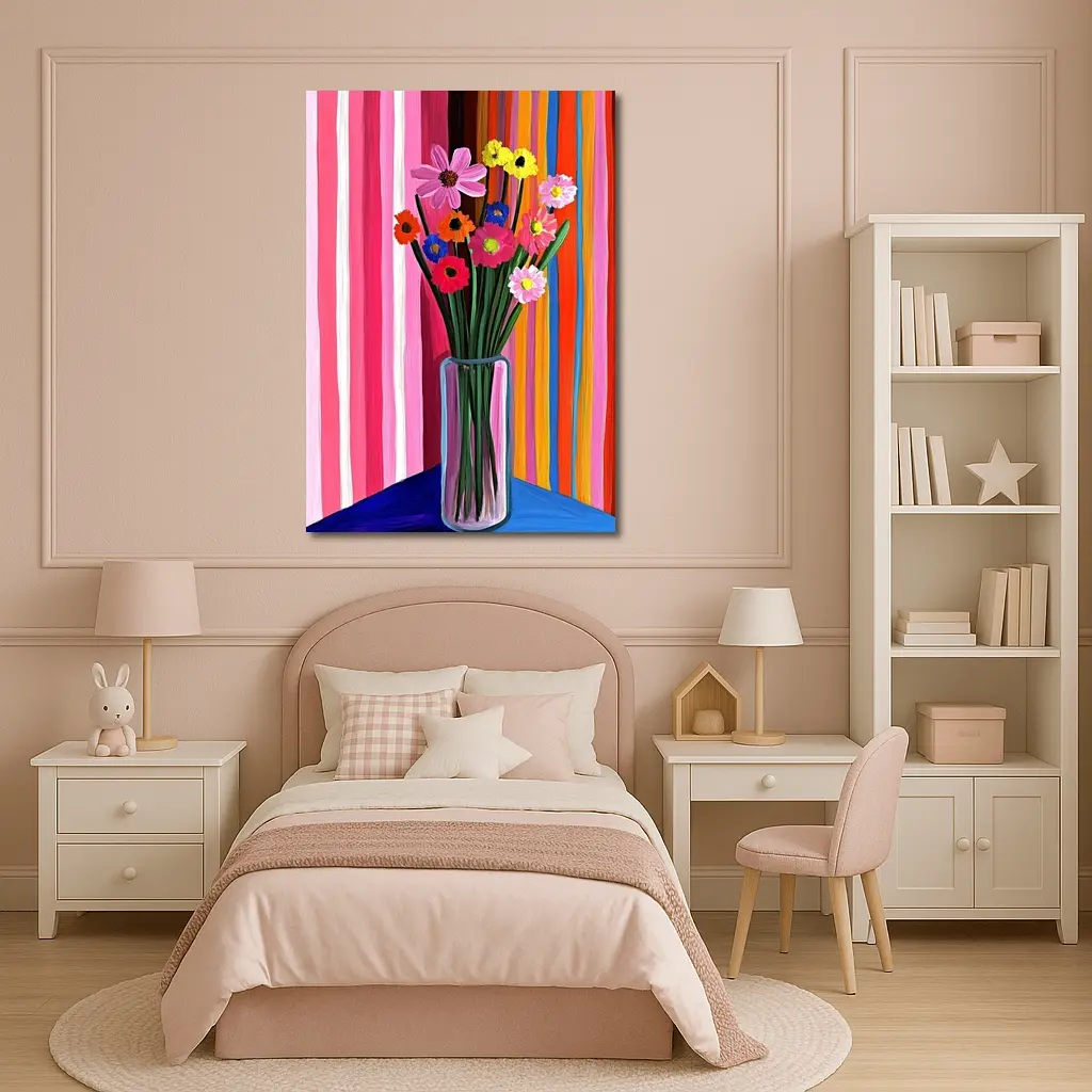 Colorful Flowers Vase Bold Striped Background – Wall Art
