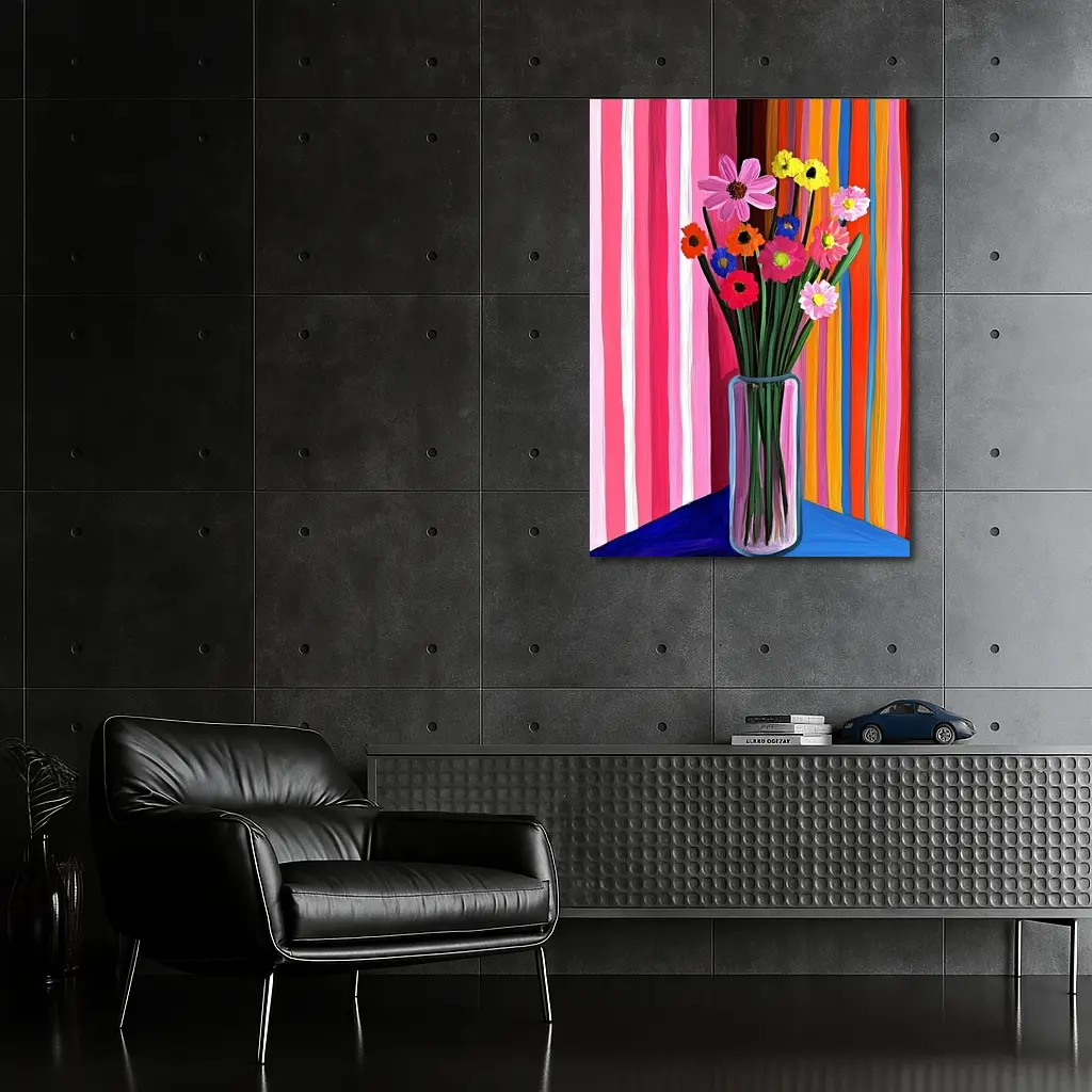 Colorful Flowers Vase Bold Striped Background – Wall Art