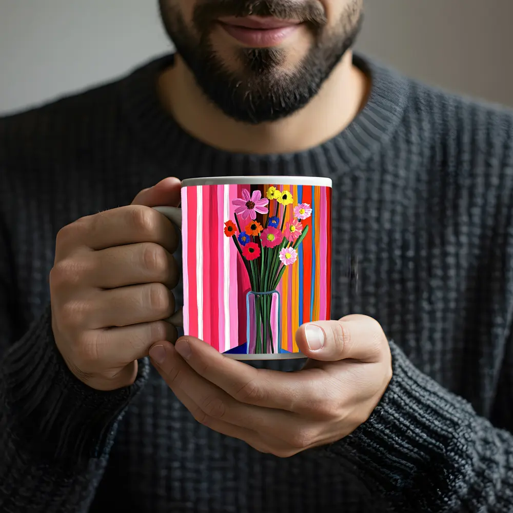 Colorful Flowers Vase Bold Striped Background – Mugs