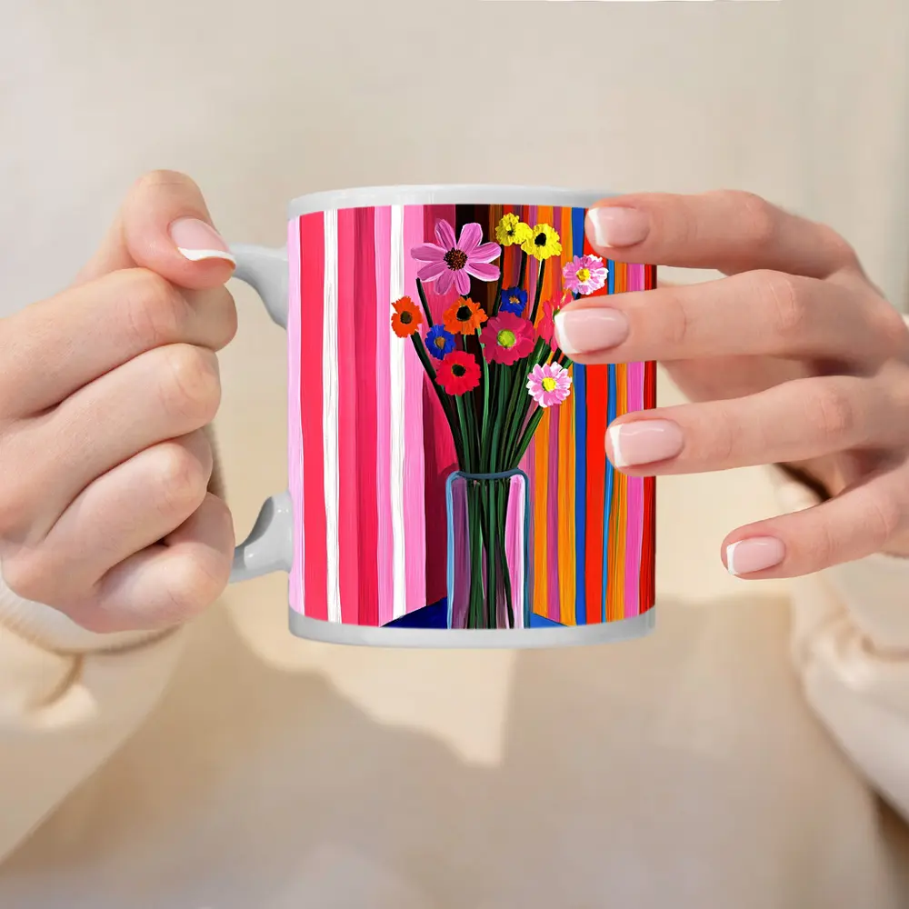 Colorful Flowers Vase Bold Striped Background – Mugs