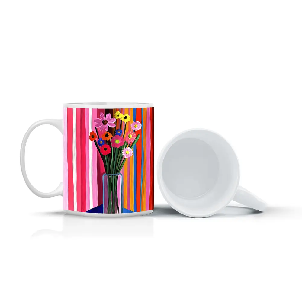 Colorful Flowers Vase Bold Striped Background – Mugs