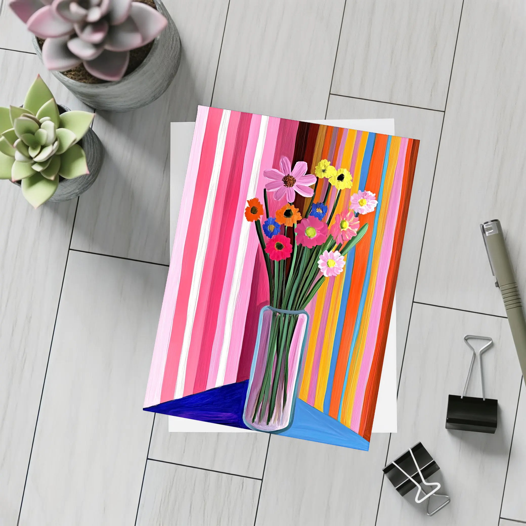 Colorful Flowers Vase Bold Striped Background – Postcards