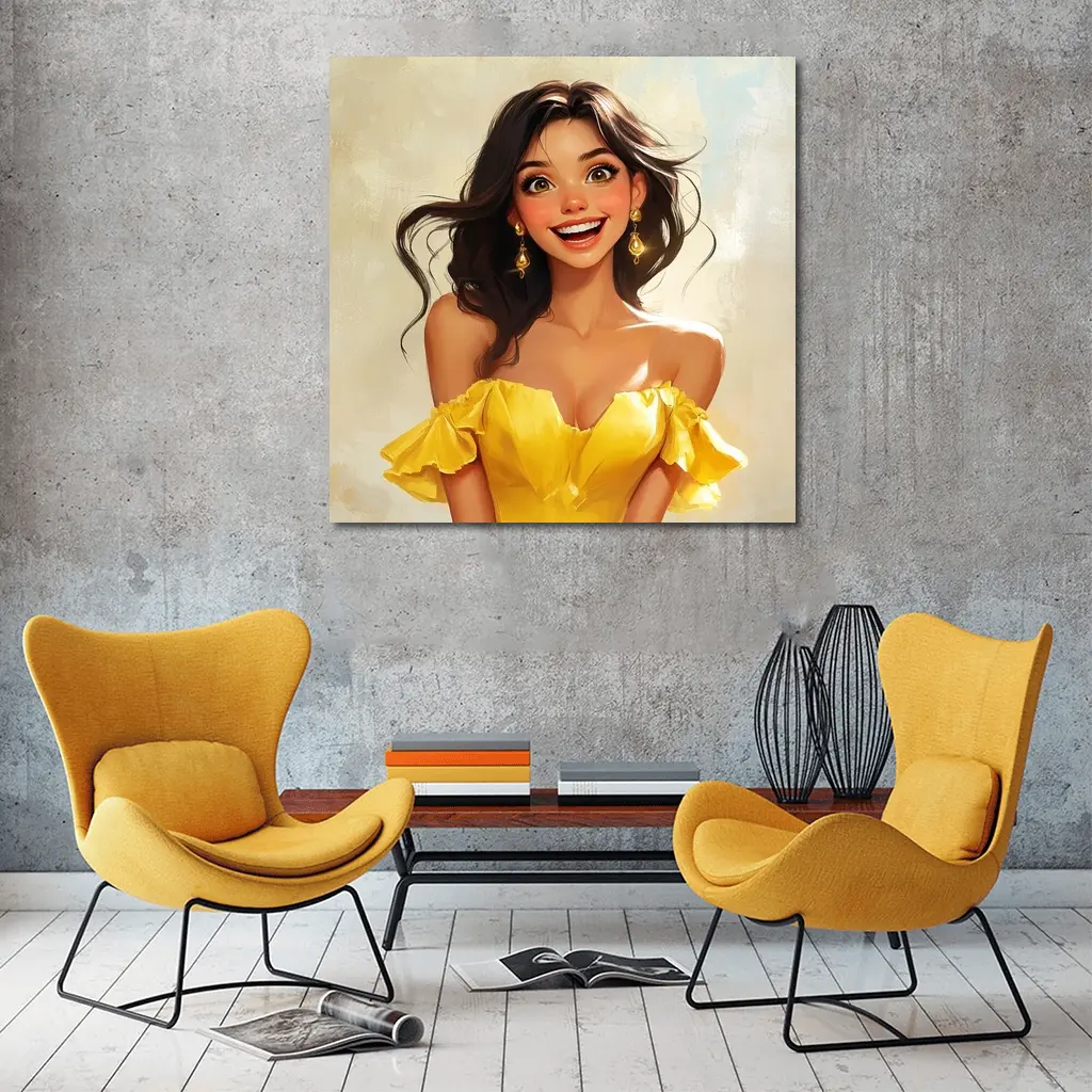 Smiling Girl Yellow Dress Cartoon Art – Wall Art