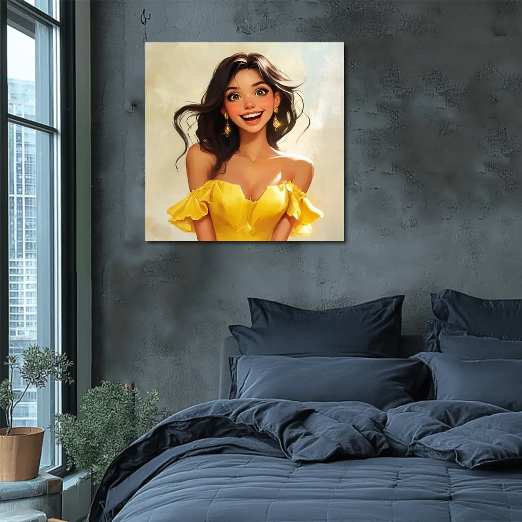 Smiling Girl Yellow Dress Cartoon Art – Wall Art