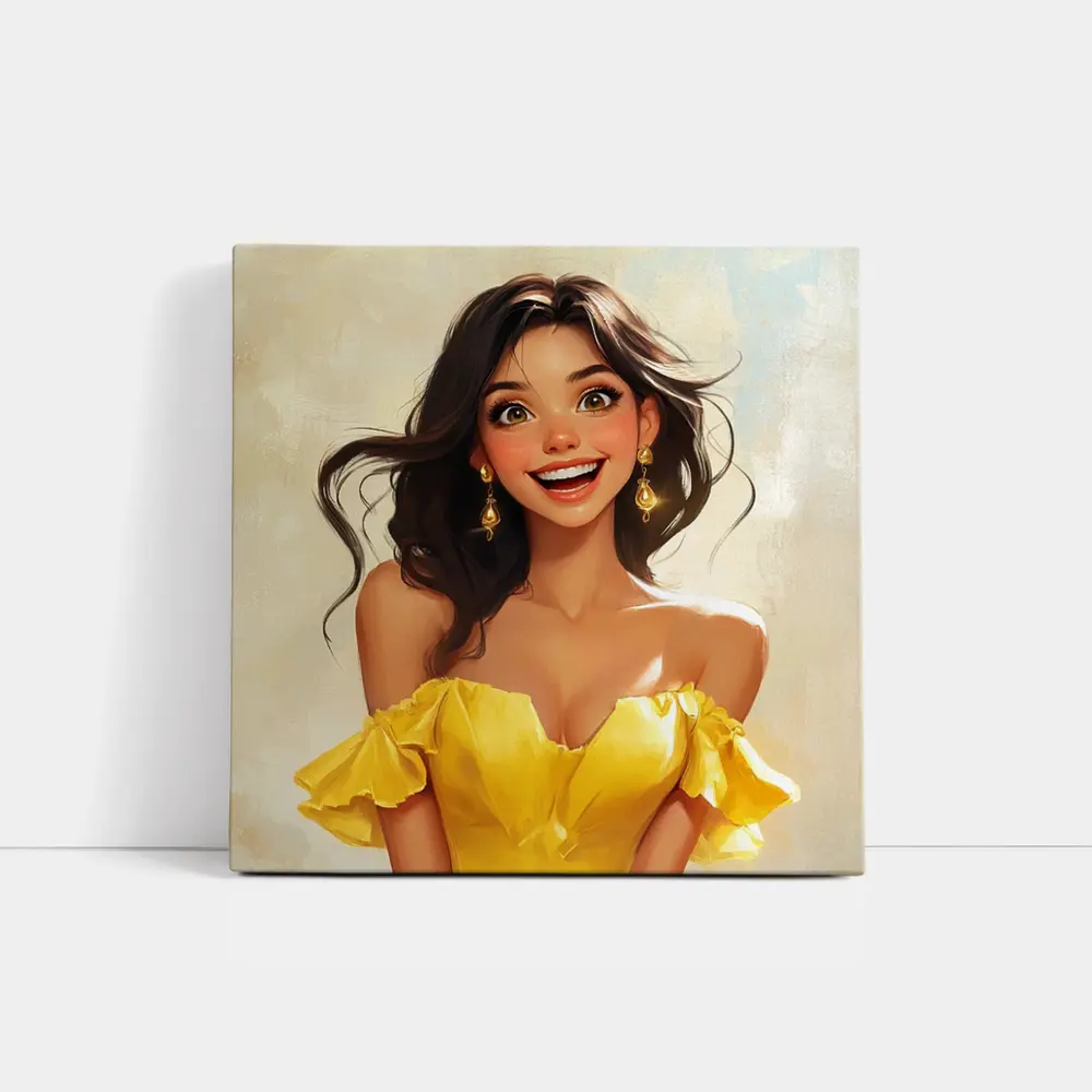 Smiling Girl Yellow Dress Cartoon Art – Wall Art
