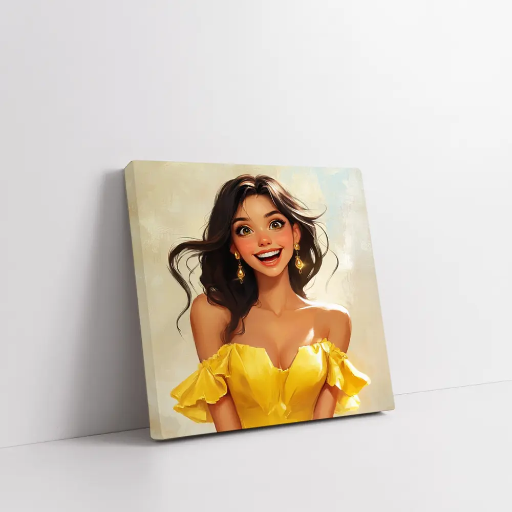 Smiling Girl Yellow Dress Cartoon Art – Wall Art