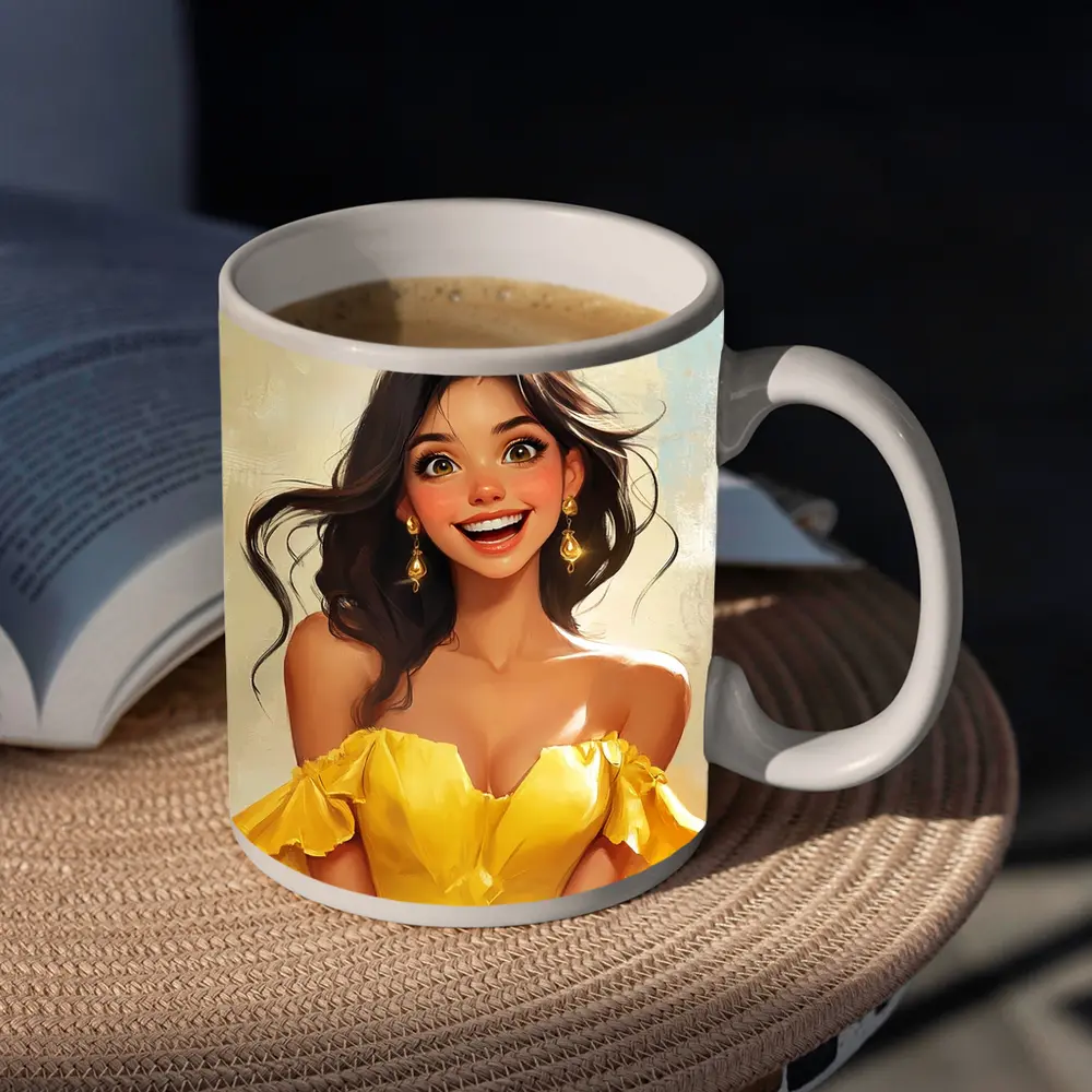 Smiling Girl Yellow Dress Cartoon Art – Mugs