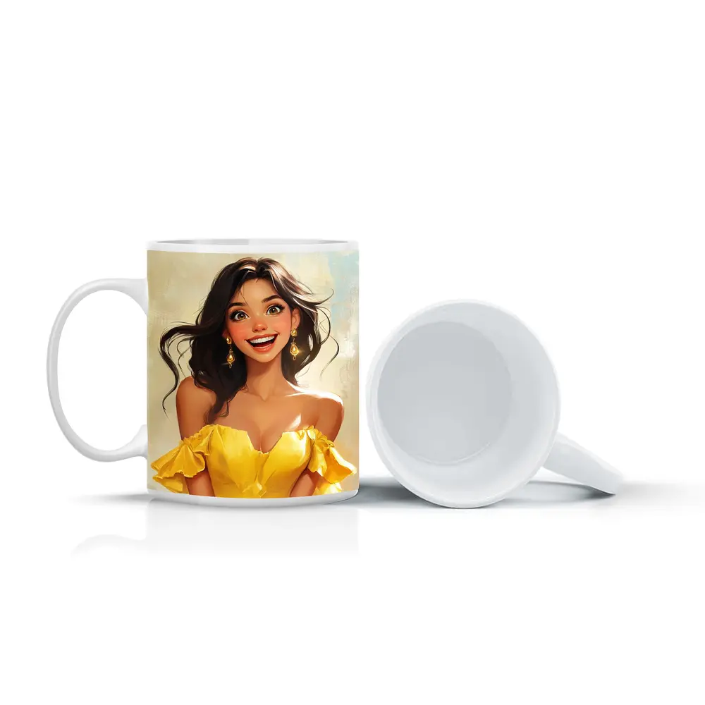 Smiling Girl Yellow Dress Cartoon Art – Mugs