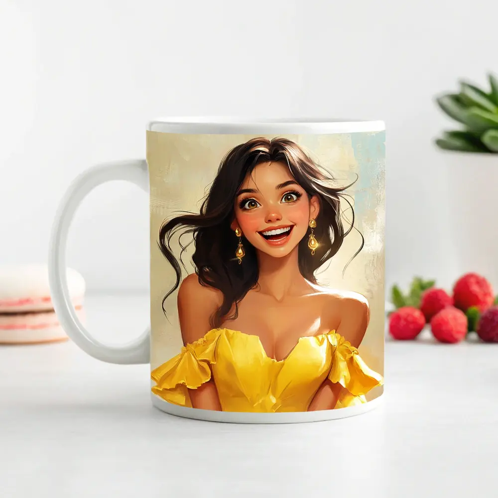 Smiling Girl Yellow Dress Cartoon Art – Mugs