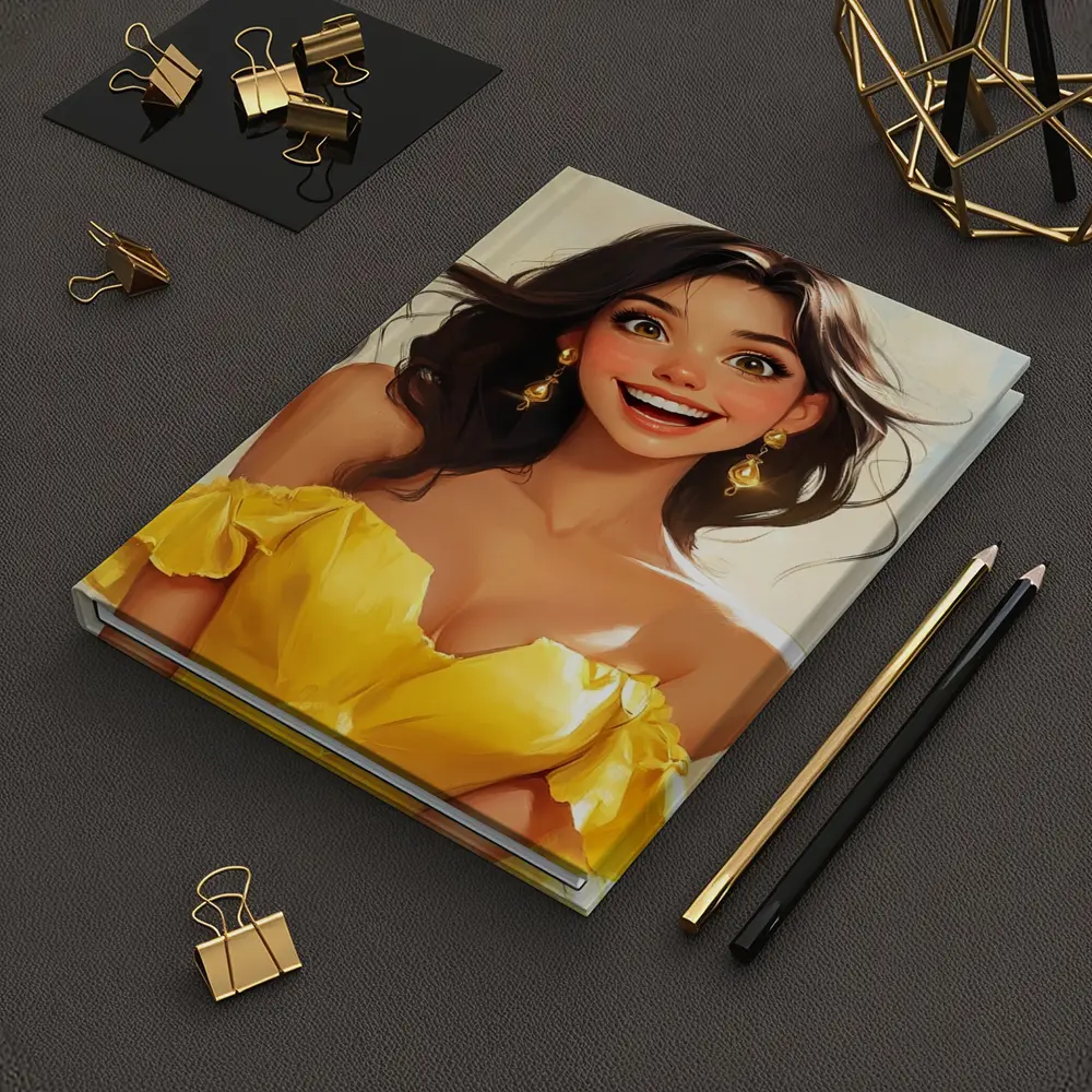 Smiling Girl Yellow Dress Cartoon Art – Notebooks