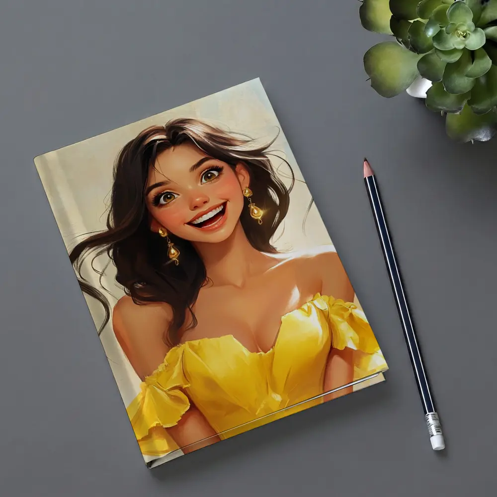Smiling Girl Yellow Dress Cartoon Art – Notebooks