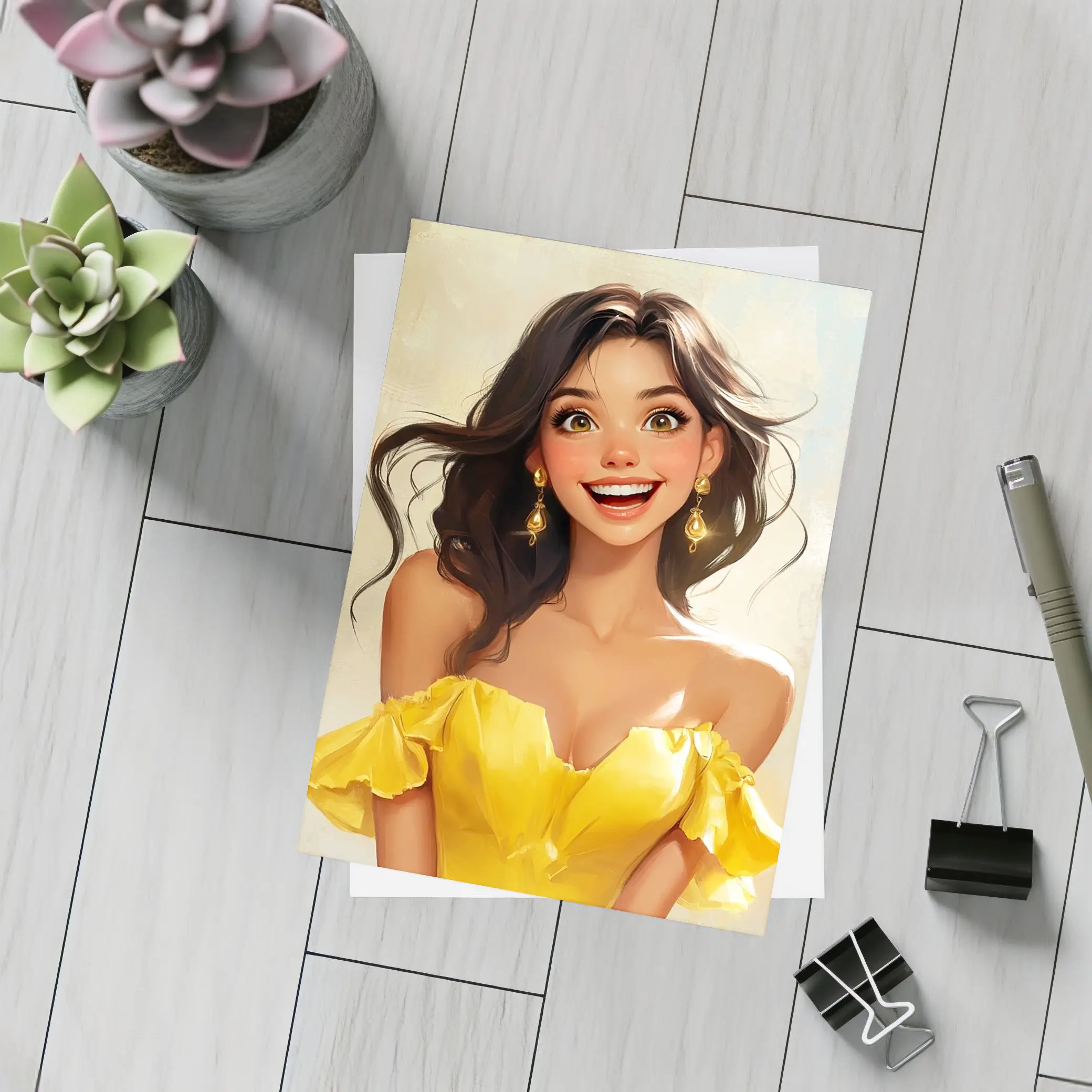 Smiling Girl Yellow Dress Cartoon Art – Postcards