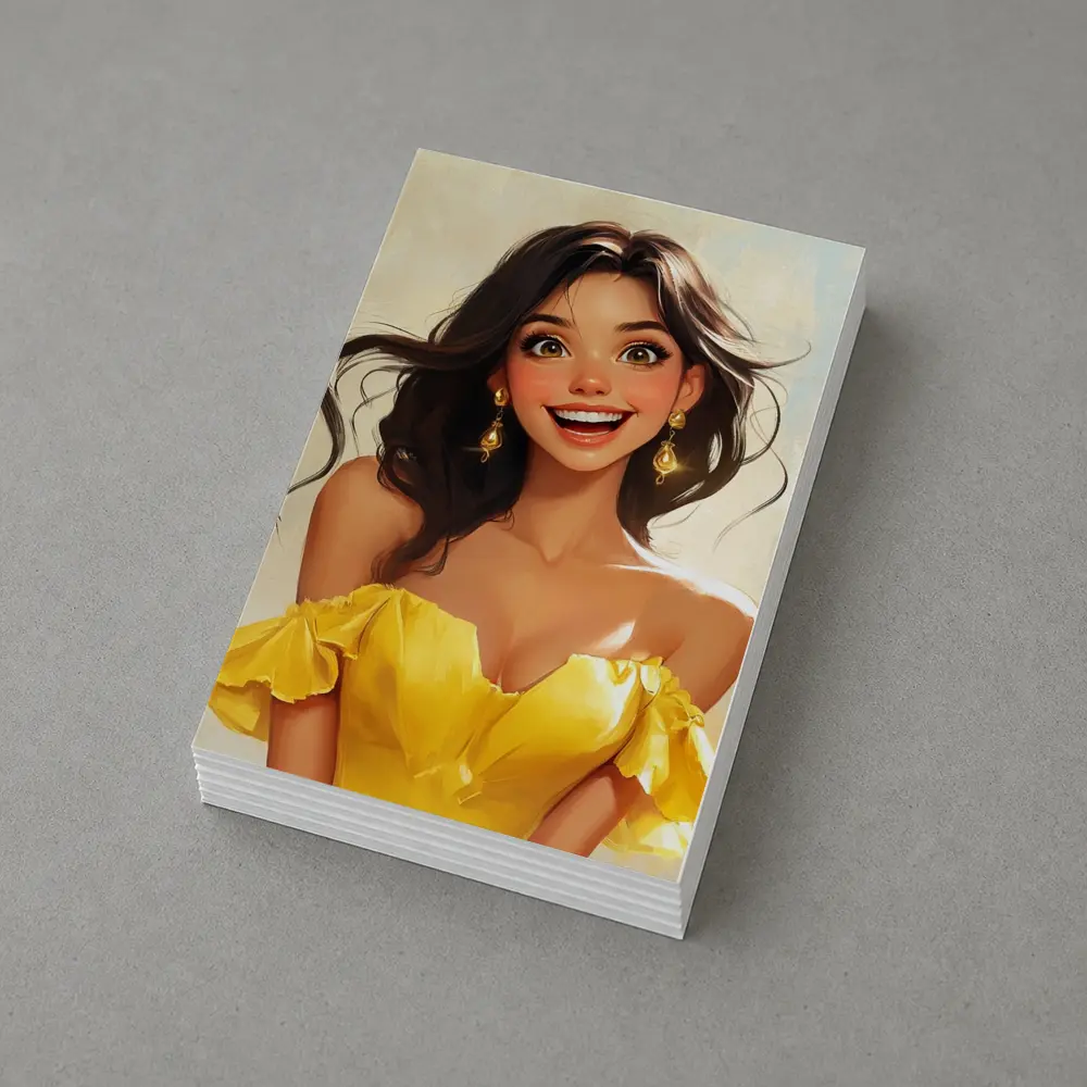 Smiling Girl Yellow Dress Cartoon Art – Postcards