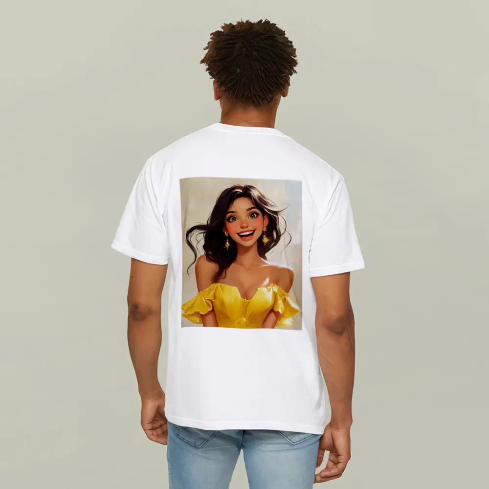 Smiling Girl Yellow Dress Cartoon Art – T-Shirts