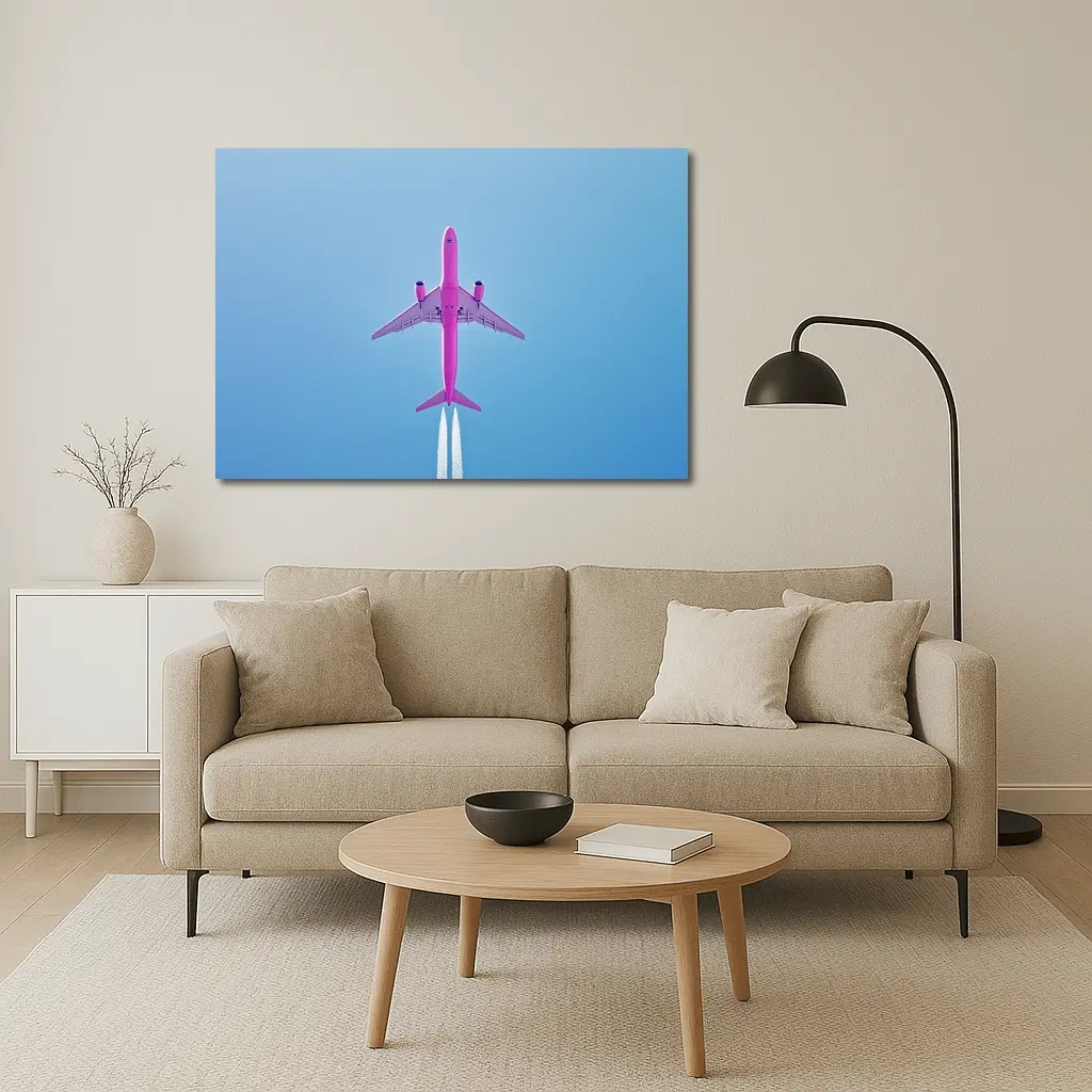 Pink Airplane Flying Against Blue Sky – Wall Art
