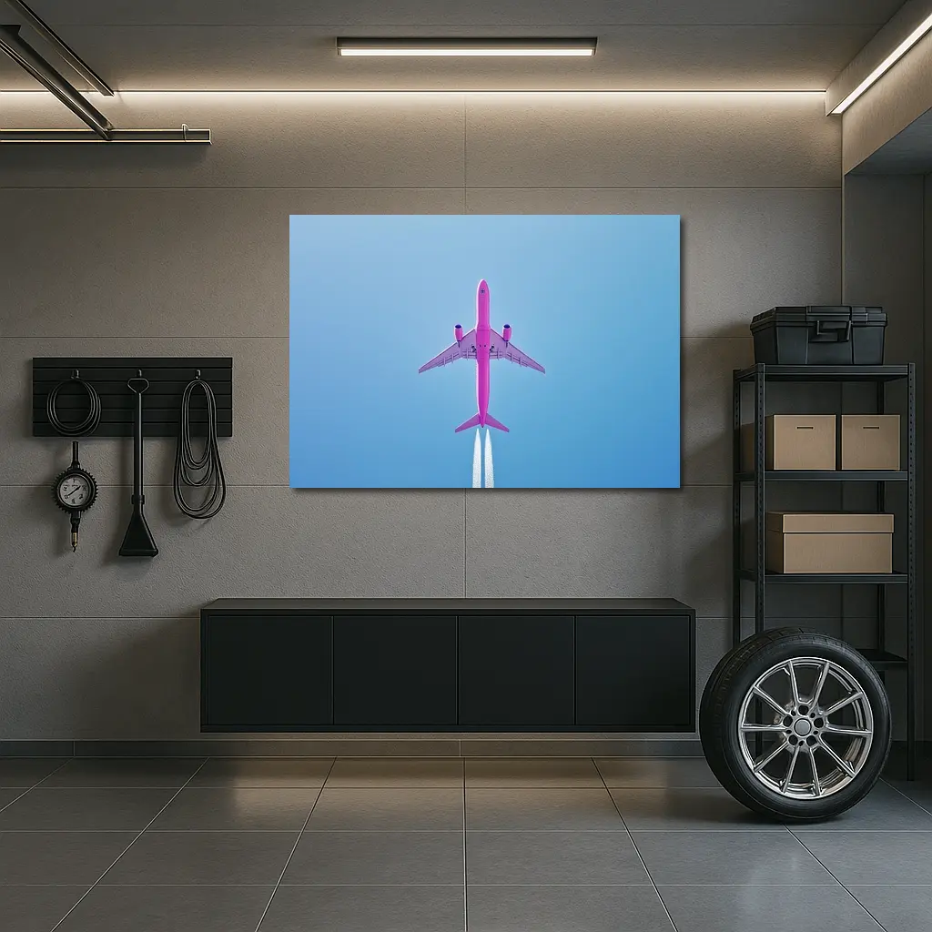 Pink Airplane Flying Against Blue Sky – Wall Art