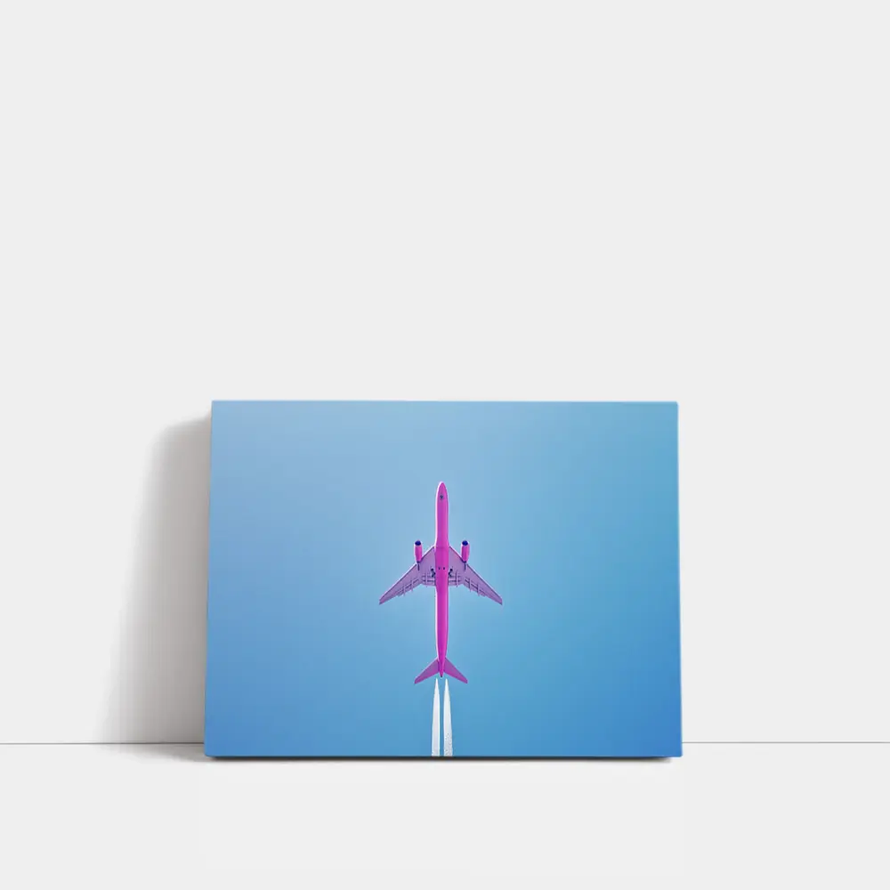 Pink Airplane Flying Against Blue Sky – Wall Art