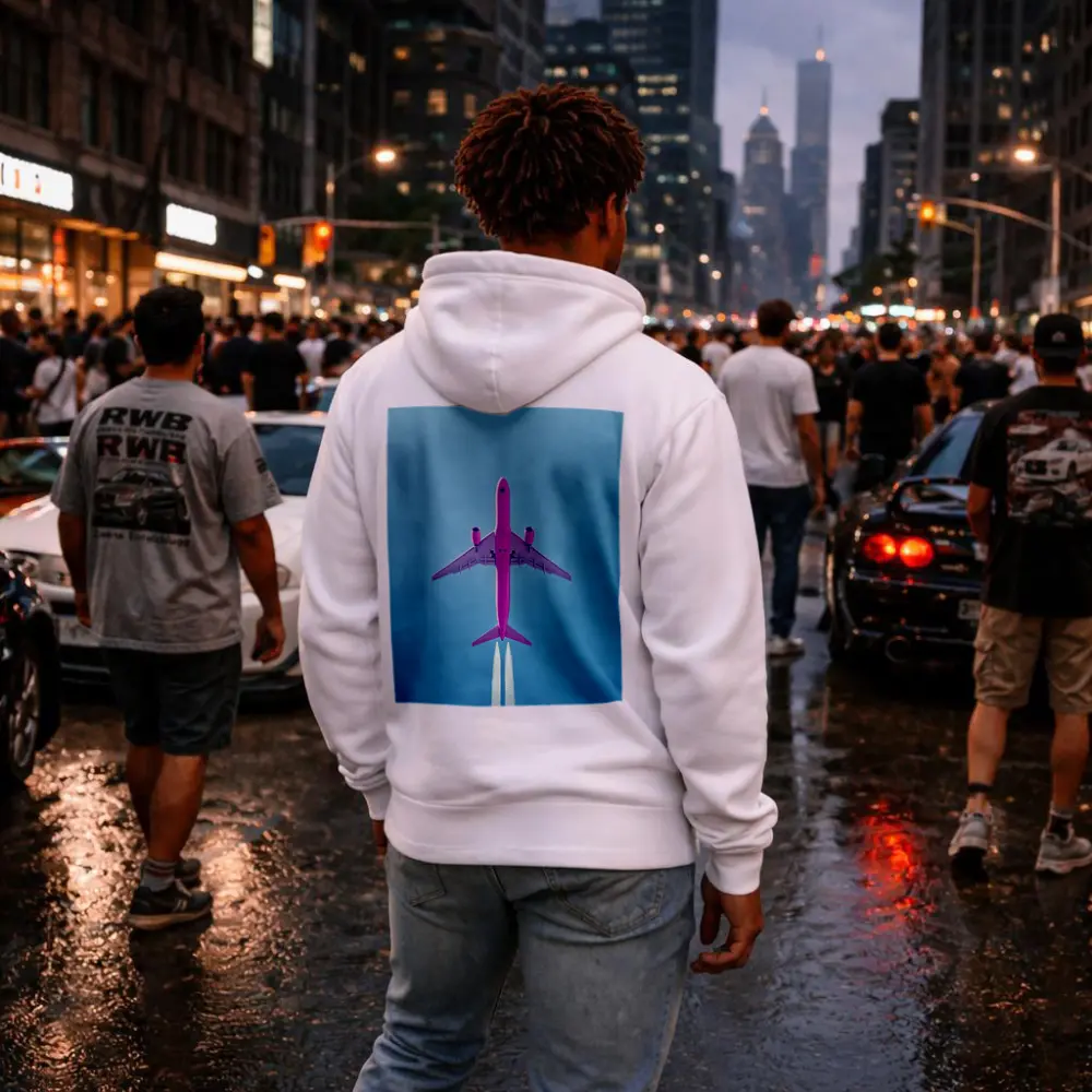 Pink Airplane Flying Against Blue Sky – Hoodies
