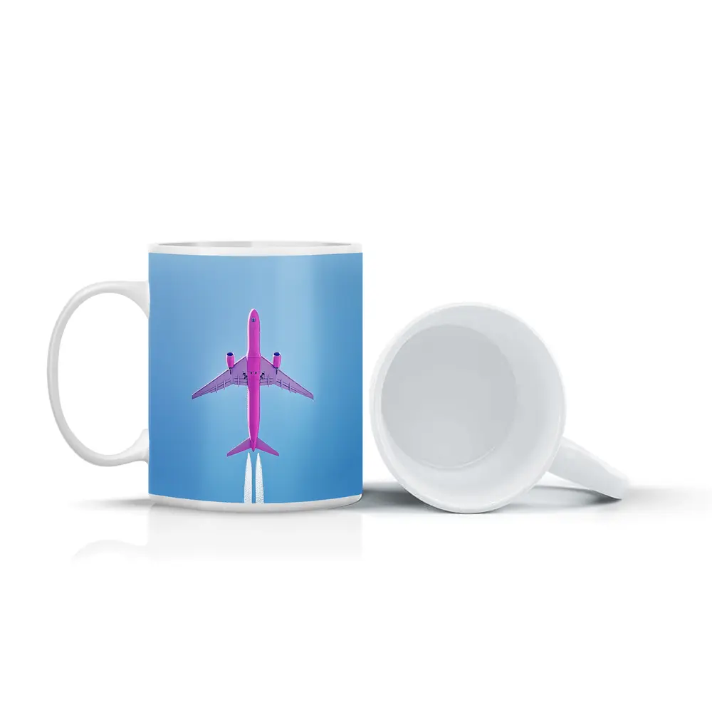 Pink Airplane Flying Against Blue Sky – Mugs