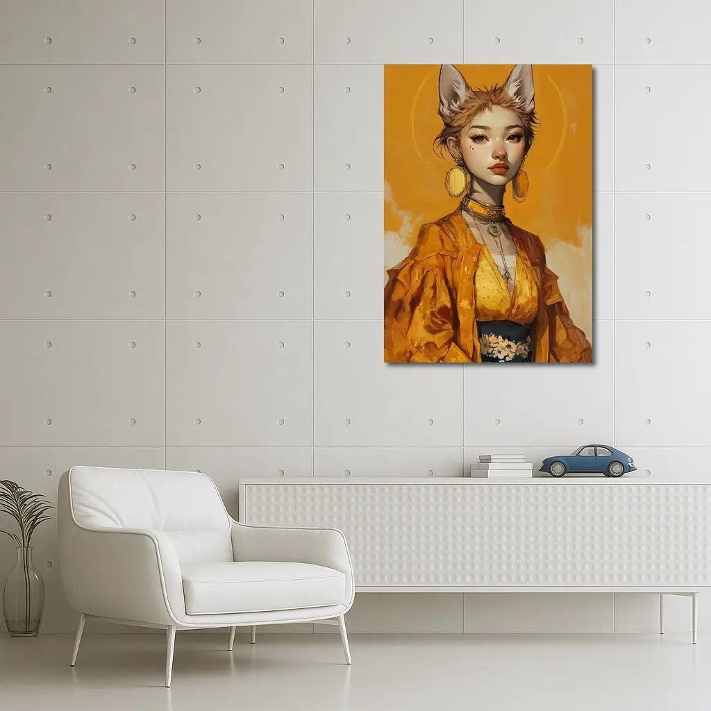 Fox Girl Fantasy Portrait Yellow Background Art – Wall Art